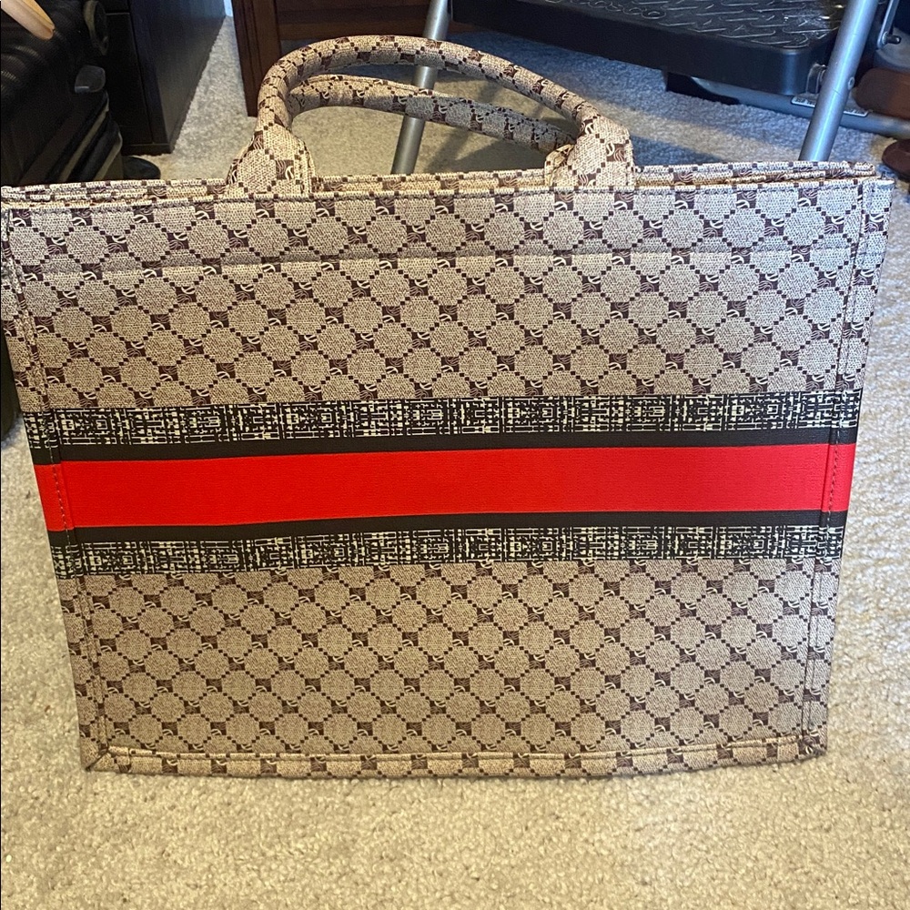 Designer-Inspired Tote Bag with Red Stripe - Picture 3 of 4